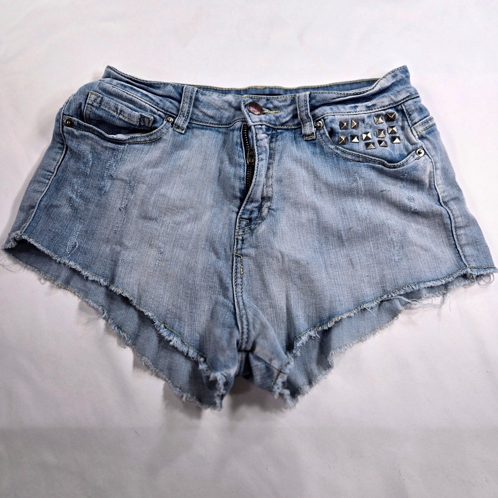 Mono B Distressed Denim Shorts Women's L Cutoff Frayed Hem Studded Pockets